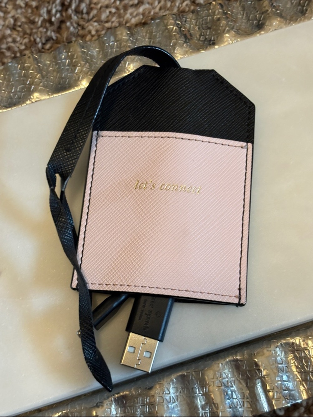 Kate Spade travel charger luggage tag leather pink black lets connect